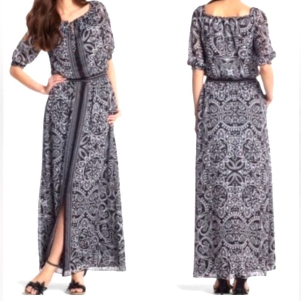 NEW - WHBM Black & White Floral Print Front Slit Side Pocket Maxi Dress (NWOT)